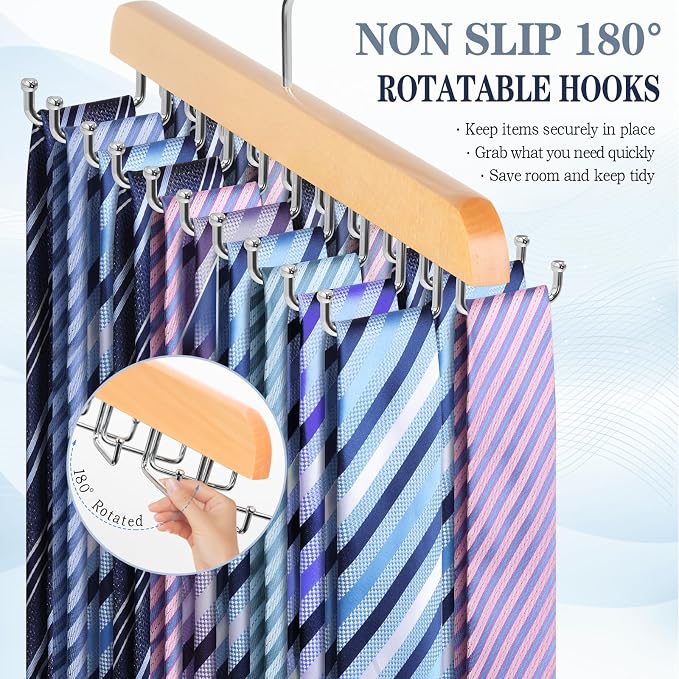2PC Tie Rack Organizer, Tie Hanger for Closet with 20 Foldable Hooks, Wood | Non Slip Neck Tie Organizer, Large Capacity, Space Saving, 360° Rotating Hook, Fits for Tank Tops Bras Cami Scarves