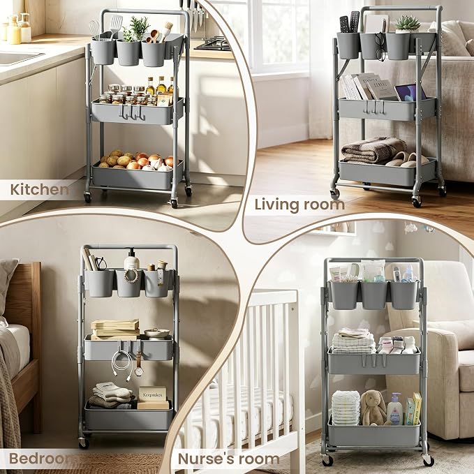 Foldable 3 Tier Metal Utility Rolling Cart, Folding Mobile Multi-Function Storage Trolley Organizer Cart for Home Library Office(Grey)