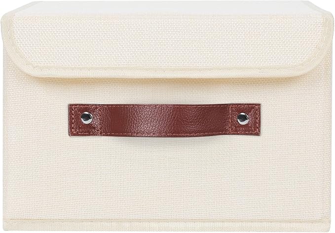 ANMINY 4PCS Storage Bin with Lid Storage Boxes with PU Leather Handles PP Plastic Board Decorative Foldable Lidded Cotton Linen Fabric Home Cubes Baskets Closet Organizer Container - Beige, Medium