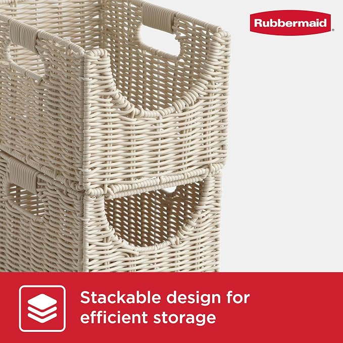 Rubbermaid Woven Storage Baskets - Set of 2 Stackable and Collapsible Bins with Handles, Small Resin Rattan Organizers for Shelves, Closet, Bathroom, Bedroom, 11.5” x 8”, Ivory