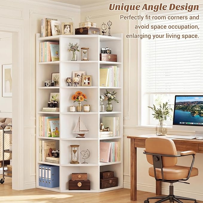 Aheaplus Corner Cube Book Shelf, 7-Tier Corner Storage Cabinet with Top Table, Corner Cube Storage Shelf for Small Space, Wooden L Shaped Cubby Bookcase for Home Office, Bedroom, Living Room, White