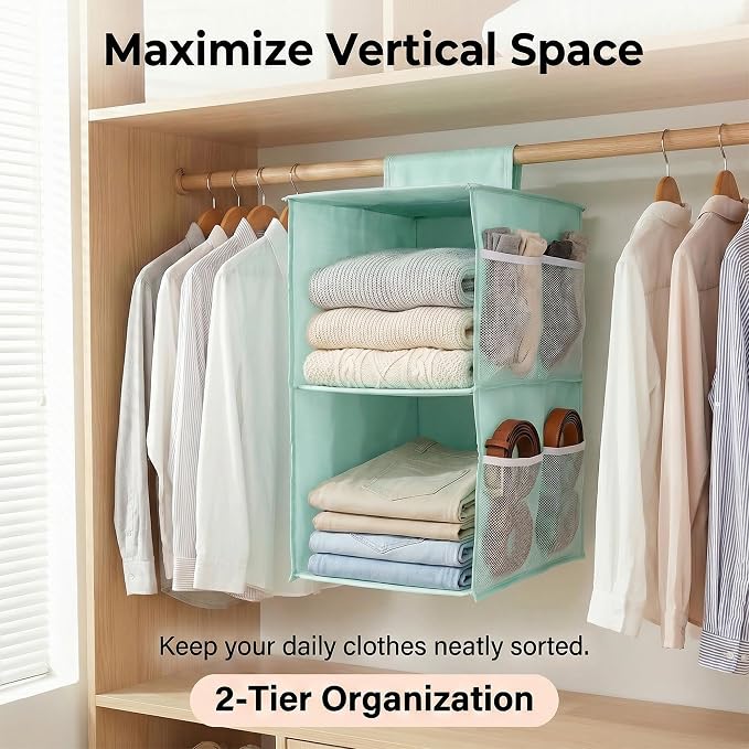 2-Shelf Closet Hanging Organizer Foldable Hanging Storage Shelves with Strong Magic Tapes Space-Saving Wardrobe Hanging Shelf for Clothes Towels Accessories Blue