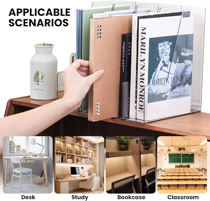 LALOBLUE Vertical Magazine File Holder, Clear, 4 Pack | Plastic, Holds Magazines, Binders, Notebooks, Envelopes, Desk Organizer and Storage Bins