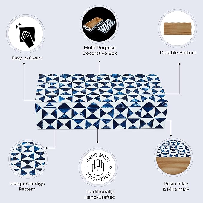 Handicrafts Home Blue and White Decorative Storage Box with Lid– Coffee Table Storage Box, Handmade Resin Inlay Wooden Box, Remote Control Holder, Decorative Organizer, Jewelry & Keepsake-10x4.5x2.5