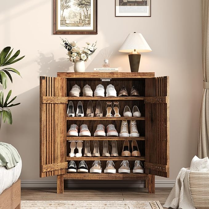 UNIQUITE Wooden Shoes Cabinet with Adjustable Shelves, Retro Freestanding Shoe Organizer Cabinet for Entryway Hallway Living Room, 5-Tier Shoe Cabinet with Doors for 20 Pairs, Dark Walnut