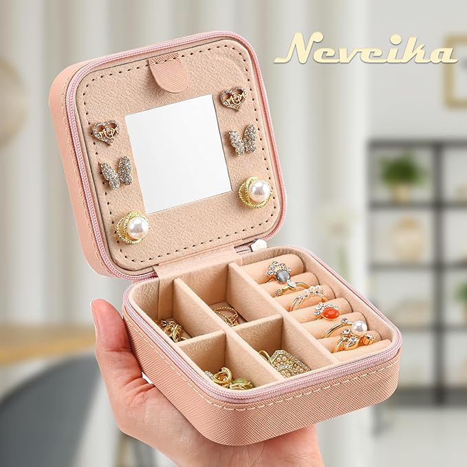 Neveika Jewelry Box with Mirror,Small Jewelry Organizer Box，Travel Jewelry Case for Women，Gift Jewelry Boxes for Female Girls (mirror pink)