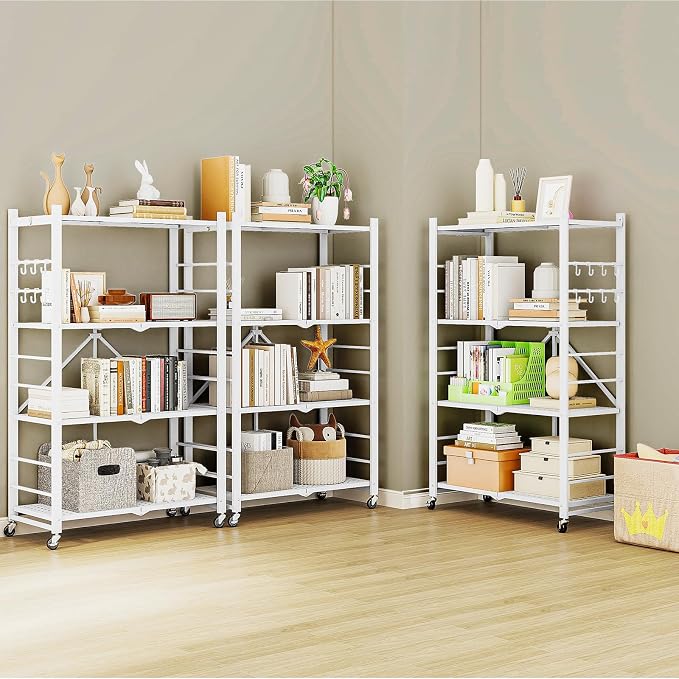 Fenbeli Foldable Shelves with Wheels - 4 Tier Folding Shelf, Collapsible No Assembly Metal Shelving Unit, Origami Storage Shelves & Rolling Storage Rack with 8 Hooks for Kitchen Pantry Garage