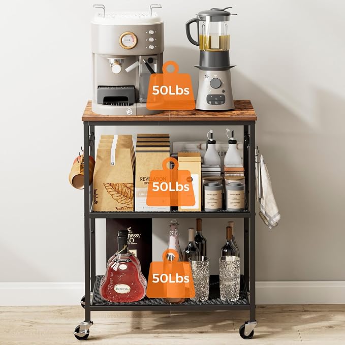 Homleke 3-Tier Rolling Kitchen Microwave Cart, Utility Cart | Coffee Bar Table Station with 6 Hooks, Small Appliance Storage Shelf, Rustic Brown and Black