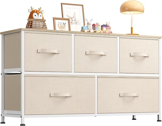 WLIVE Dresser for Bedroom with 5 Drawers, Wide Chest of Drawers, Fabric Dresser, Storage Organizer Unit with Fabric Bins for Closet, Living Room, Hallway, Cream White
