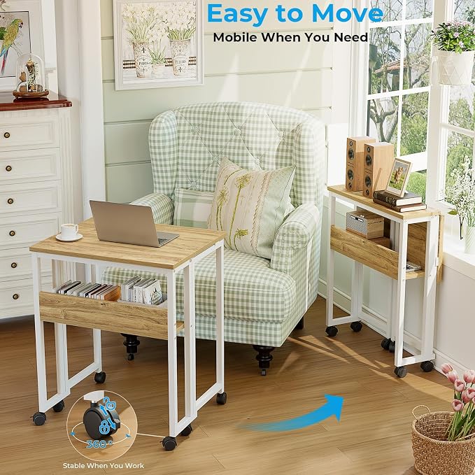 GreenForest Folding Desk with Wheels, 31.5" Rolling Table for Small Spaces | Storage Shelf, Lockable Casters, Compact Portable Workstation, Space-Saving Foldable Sofa Table, Home Office, Mobile, Oak