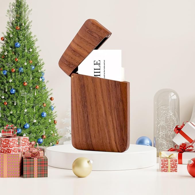 sunking Walnut Wood Business Card Holder with Magnetic Closure, Handmade Wooden Business Card Case Holds Up to 28 Cards, Slim Professional Card Holder for Men & Women, Executive Office Gift(Walnut-2)