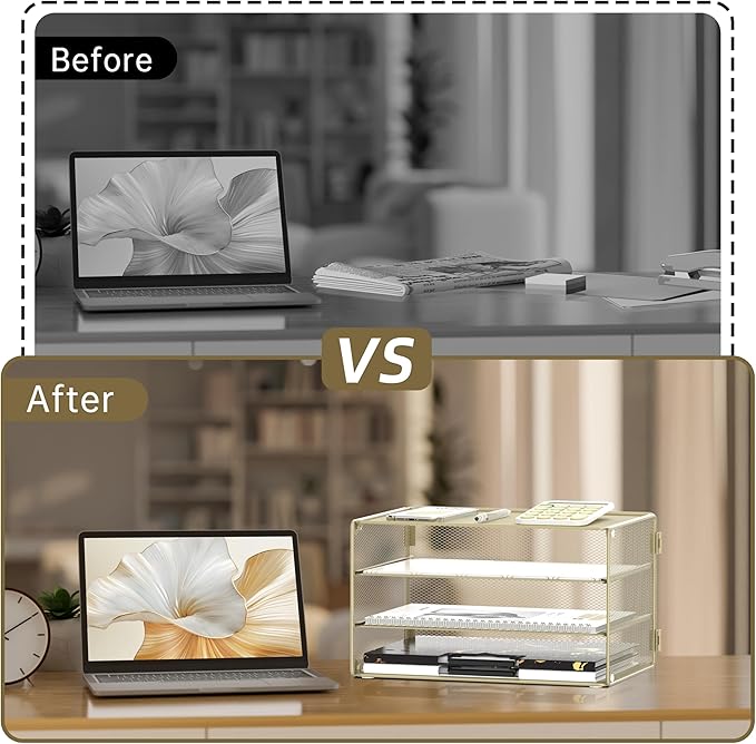 DALTACK 3 Tier Letter Tray Paper Organizer for Desk, Mesh Metal Desk File Organizer with Sliding Trays for Letter/A4 Paper, Mail, Bills & Folders, Yellow