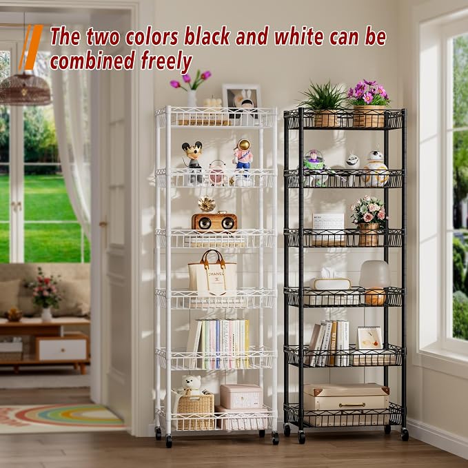 Golpart Basket Shelves Closet Rack with Wheels Metal Pantry Wire Shelf Unit | 6 tier Storage Rolling Shelving Bathroom Organizers Kitchen Garage Laundry Room Organization Home 17.2"Dx12.2"Wx63"H White