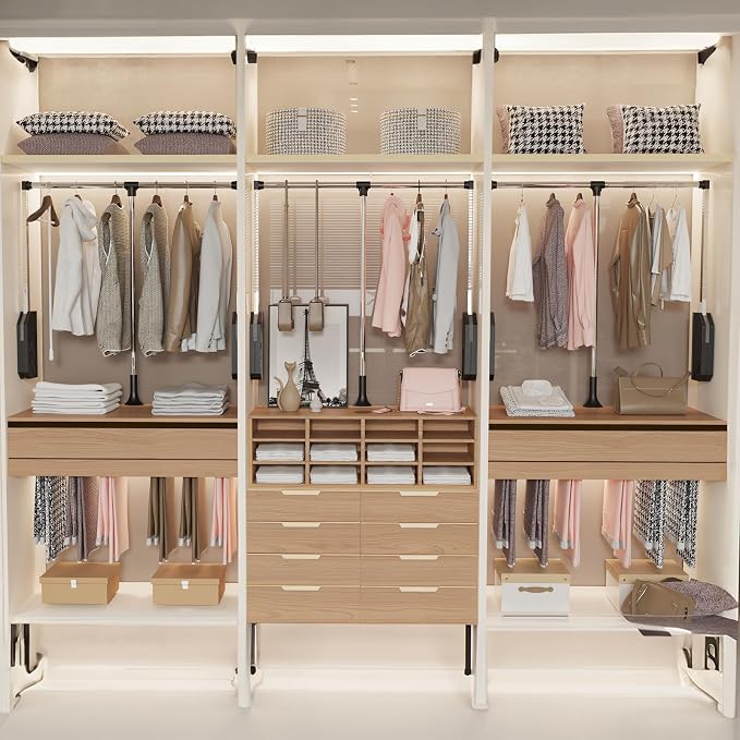Pull Down Closet Rod Stainless Steel 35"-48"Adjustable 60 lbs | Wardrobe Lift Rail Rod,Side & Back Mounted Closet Pole for Waredrobe & Hanging Clothes,with Hydraulic System
