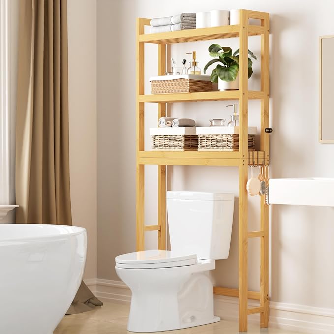 Smiry Over The Toilet Storage Cabinet, 3-Tier Bamboo Bathroom Organizers with Adjustable Shelf & 4 Hooks, Space Saving Shelf Rack for Bathrooms, Laundry Room, Balcony, Natural