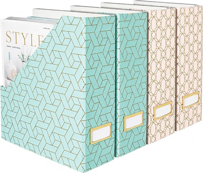 BLU MONACO | Set of 4 Foldable Pink & Aqua Magazine File Holders with Gold Geometric Patterns | Vertical File Organizer Boxes with Gold Label Holders for Home & Office