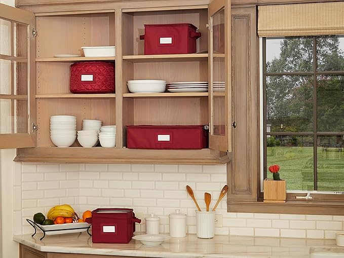 Covermates Dish Storage Box – China & Dinner Plate Storage Container with Dual Zippers, Reinforced Handles, ID Window & Stackable Structured Walls for Dishware Organization, Scarlett Red