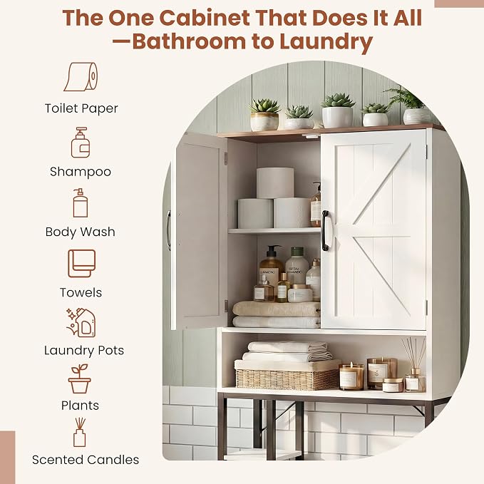 31" Over The Toilet Storage Cabinet with Barn Door,Bathroom Organizers and Storage with Adjustable Shelves, Farmhouse Over Toilet Organizer for Bathroom,Restroom,Laundry,White