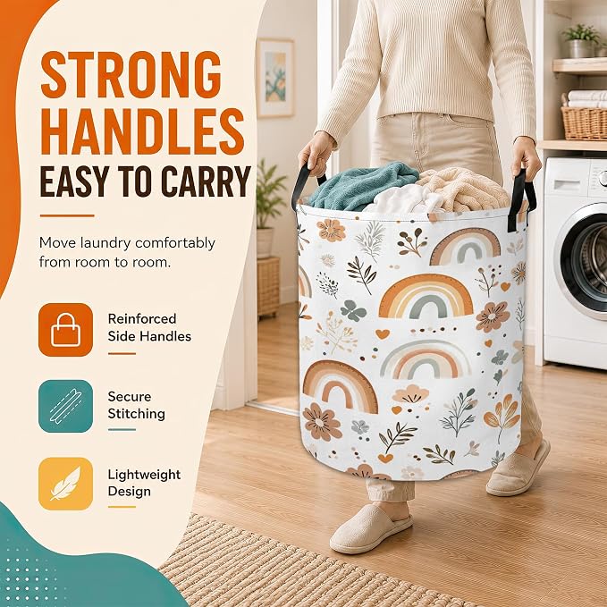 Rainbow Flowers Laundry Basket,Boho Large Collapsible Portable Round Laundry Hamper with Handles,Oxford Storage Bin for Clothes,Blankets,Bedroom,Bathroom