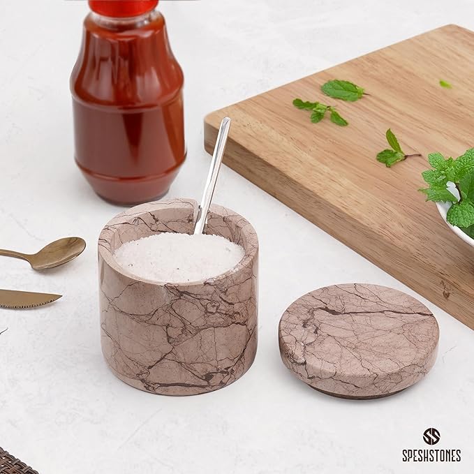 Marble Salt Cellar 3 Inch Marinara Table Salt Containers for Countertop, Sugar Bowl With Lid, Salt Holder, Spice Jars, Salt Box for Seasoning Storage Container, Salt Dish for Kitchen Decor