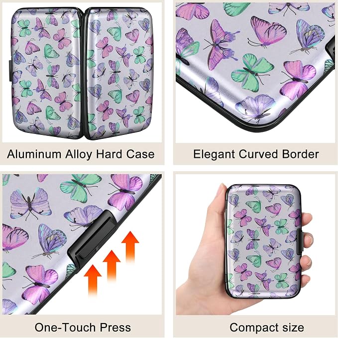 ELFISH Mini RFID Aluminum Wallet Credit Cards Holder Business Card Case Metal ID Case for Men Women(Colorful Butterflies)