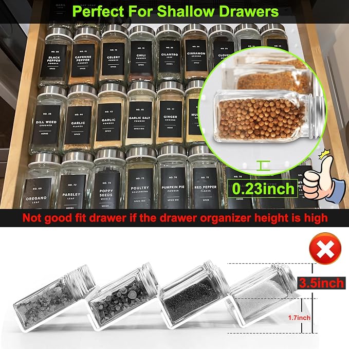 Gosmol Spice Drawer Organizer Insert - Silicone Spice Drawer Liner White | Adjustable non-slip liner organizer; in-drawer spice rack for seasoning jars, spice bottles, flat kitchen drawer organizer