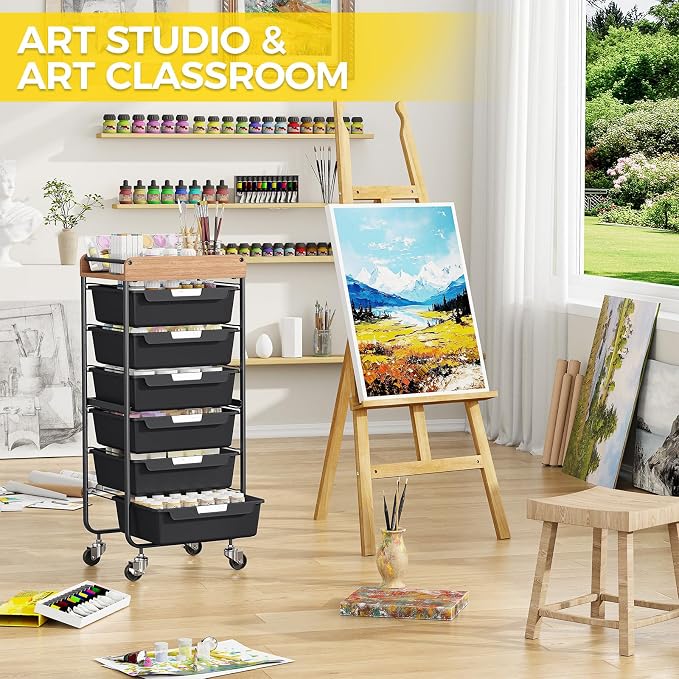 SYKIARIOL Utility Cart with 6 Labeling Drawers and Wooden Tabletop – Rolling Storage Cart for Crafters, Artists, Kids, Teachers, and Students – Organize Arts, Crafts, Sewing & Study Supplies