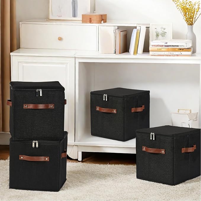 4PCS Storage Cubes with Lid Fabric Storage Bins Boxes PU Leather Handles Cotton Linen Closet Organizer Container Decorative Foldable Washable Shelf Cloth Basket (Zipper Lid, Black, 11in)