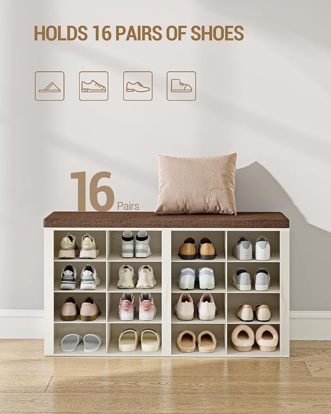 Hzuaneri Shoe Storage Bench, Entryway Shoe Rack with Cushion and Cubbies | entryway shoe rack bench cabinet with 16 cubbies and adjustable shelves for bedroom, living room, Rustic White SB25614KA