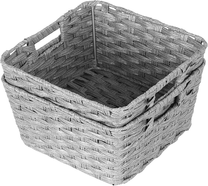 2-Pack Plastic Wicker Storage Baskets for Bathroom, 12"x12"x6", Grey | Versatile woven storage bins for shelves, toilet paper, closet, and home organizing – stackable, durable.