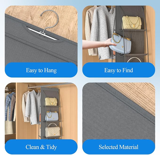2 Packs 8 Pockets Grey Handbag Hanging Purse Organizer for Closet, Purse Storage, Purse Hanger and Handbag Organizer for Space Saving