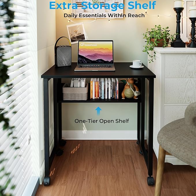 GreenForest Folding Desk with Wheels, 31.5" Rolling Table for Small Spaces | Storage Shelf, Lockable Casters, Compact Portable Workstation, Space-Saving Foldable Sofa Table, Home Office, Mobile, Black