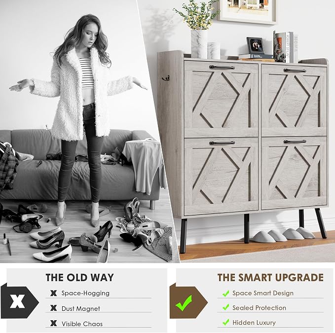 Nicetree Shoe Cabinet with 4 Flip Drawers, Freestanding Shoe Organizer Cabinet, Farmhouse Narrow Shoe Storage Cabinet for Entryway, Foyer, Hallway