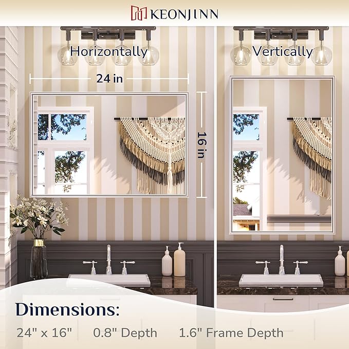 Keonjinn 16 x 24 Inch Brushed Silver Bathroom Mirror for Wall, Silver Rectangle Vanity Mirror, Modern Farmhouse Mirrors, Metal Framed Rectangular Square Corner Mirrors(Horizontal/Vertical)