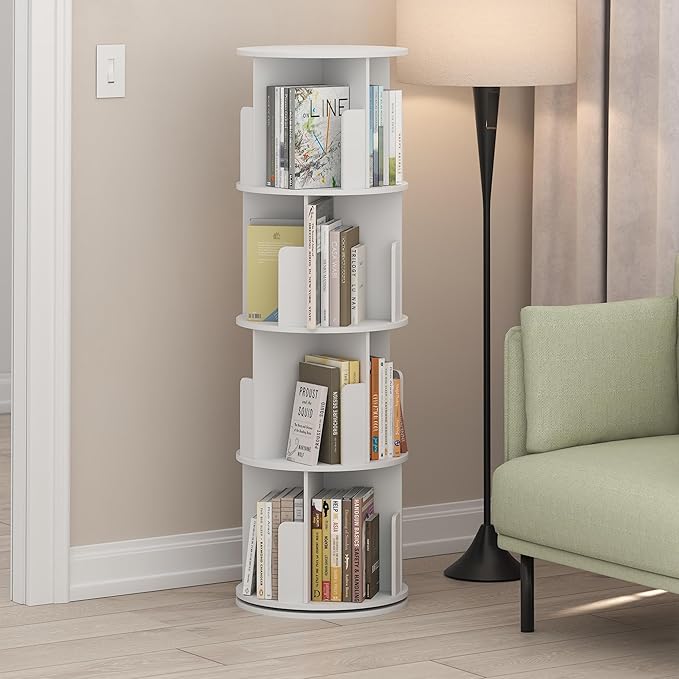 Furinno DALY Rotating Bookshelf Tower, 4-Tier 360 Display Book Shelf, Lazy Susan Revolving Bookshelf, Organizer Bookcase, 15.5 x 15.5 x 50, for Living Room, Bedroom, Home Office, White