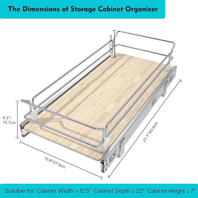 Pull Out Cabinet Organizer 10.87" W X 22" D, Wood & Chrome | Full Slide Out Drawers For Kitchen Cabinets, Cabinets Capacity Heavy Duty Caddy, Cabinet Pullout Shelves , Pantry Storage