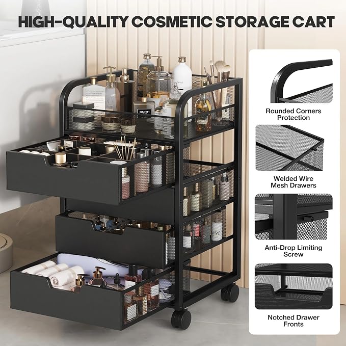 Makeup Organizer Cart with 4 Drawers, Vanity Storage Drawer Carts with Dividers, Nail Cart Organizer Cosmetic Display Cases Cabinet for Skin Care, Nail Polish, Perfume, Black