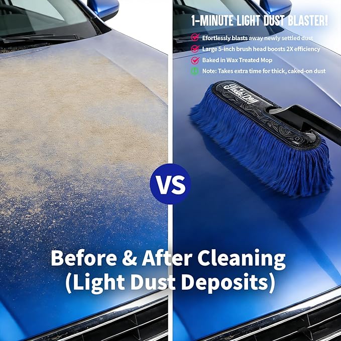 Flash Dog Car Duster Exterior Scratch Free, Waterless Cleaning Brush for Car Truck RV Boat, Gifts for Men Women, Storage Bag & Air Freshener - Wooden Handle Wax Cotton Duster & Mini Interior Brush