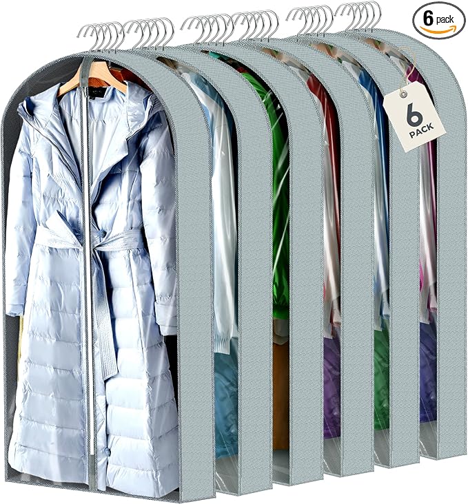 6 Pcs 60" Garment Bags for Hanging Clothes, Clear Suit Bags for Closet Storage Clothing Storage, Garment Bags Shoulder Covers with 4" Gussets for Coats, Jackets, Shirts and Sweater