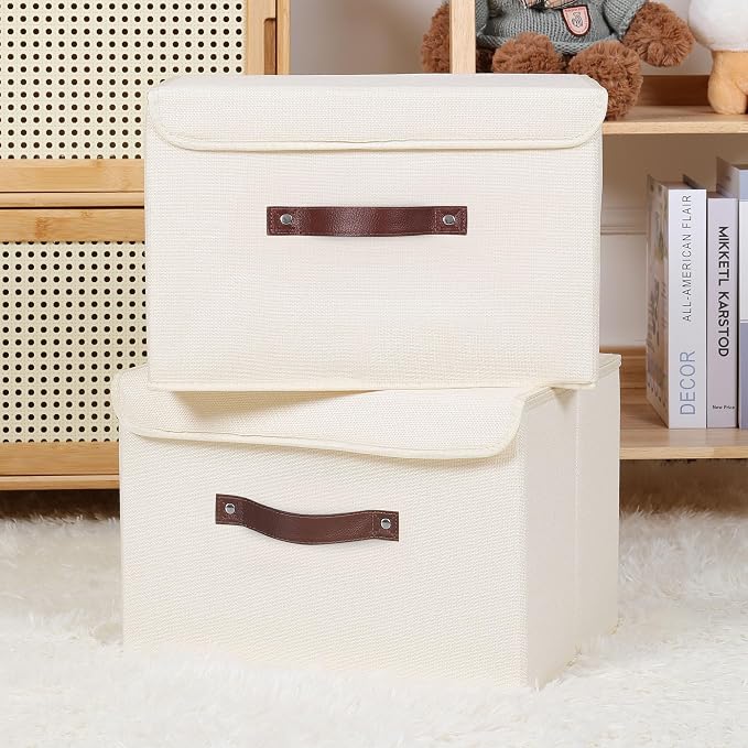 ANMINY 2PCS Storage Bin with Lid Storage Boxes with PU Leather Handles PP Plastic Board Decorative Foldable Lidded Cotton Linen Fabric Home Cubes Baskets Closet Organizer Container - Beige, Medium