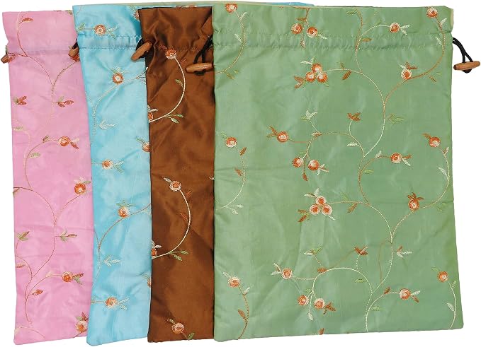 Ouyatoyu 4pcs Embroidered Silk Flower Design Jacquard Travel Bag, Laundry Bags Shoe Bags, Lingerie Bags Underwear Bags for Travel Storage for Men Women Washable Cloth Shoe Bags