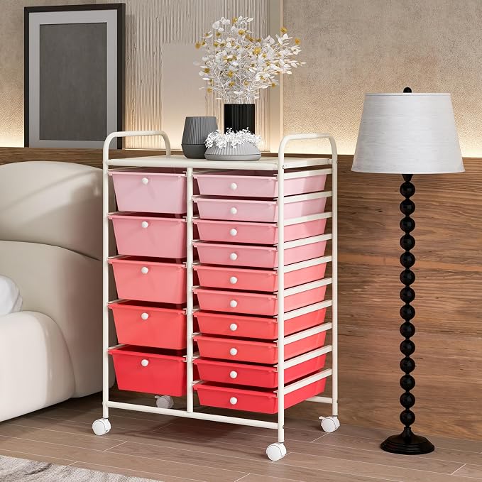 DREAMADE Rolling Cart with 15 Drawers, Rolling Drawer Organizer Cart w/Lockable Wheels, Removable & 2-Sized Storage Drawers, Art Cart for School Home Art Supplies Crafts File Scrapbook (Mixed Pink)