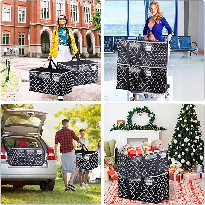 Extra Large Moving Bags, Heavy-Duty Storage Totes with Zipper Top and Sturdy Handles, Moving Supplies for Space Saving and Packing, Collapsible Storage Bags, Black & Gray, 100L, 8-Pack