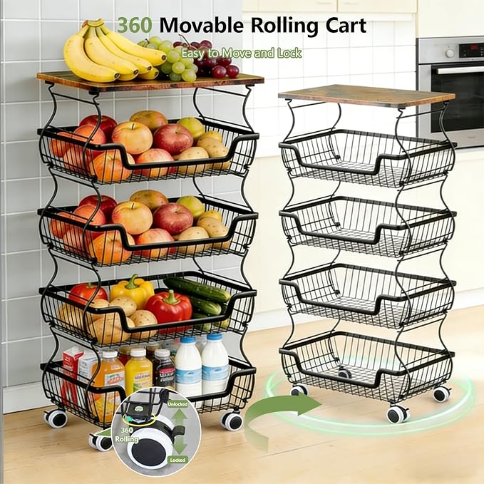 Kitchen Storage Cart on Wheels, 5 Tier Rolling Stackable Pantry Floor Organizer, Kitchen Fruit Basket Stand for Home Removable Metal Vegetable Rack Wire Snack Cart