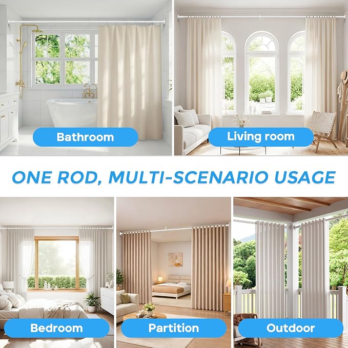 AIZESI 41-67 Inch Heavy Duty Tension Curtain Rod - No Drilling, Adjustable, Rust-Resistant for Outdoor, Living Room, Window, Bathroom (White, 41" to 67"|2PACK)