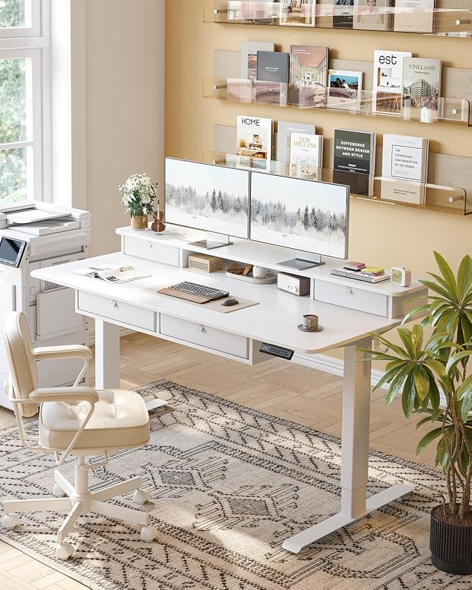 CubiCubi 60" x 30" Standing Desk with Drawers, Height Adjustable Electric Workstation, Computer Sit Stand Up Table with Large Storage Shelf 4 Drawers and 2 Hooks, White