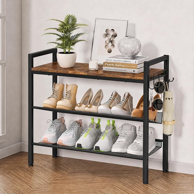 3 Tier Shoe Rack, Shoe Rack for Entryway with Hook, Shoe Organizer with Adjustable Mesh Shelves, Metal Shoe Storage, Closet, Bedroom Living Room Garage