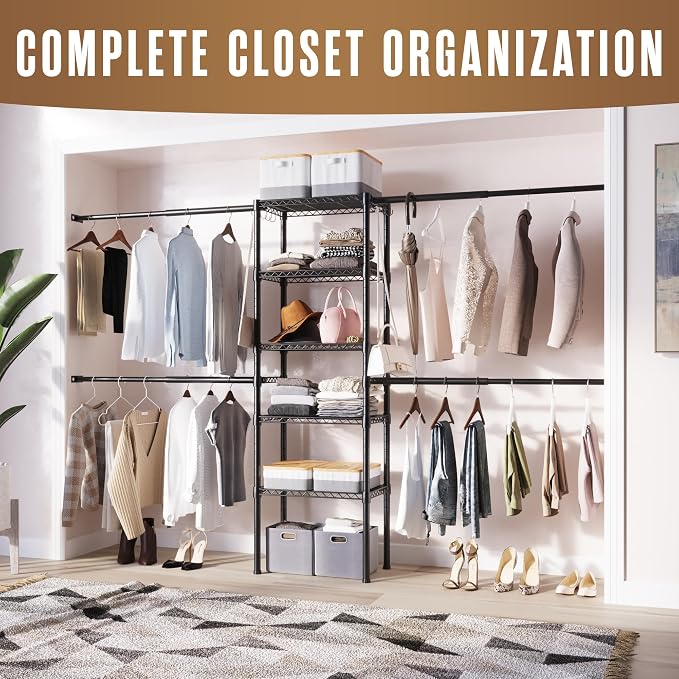 Wall Mounted Closet Organizer, Industrial Pipe Clothing Rack 83" x 50" | Houseables Garment Hanging Storage System Heavy Duty Open Wardrobe For Bedroom Boutique Retail Display 2 Rods, 2 Wood Shelves