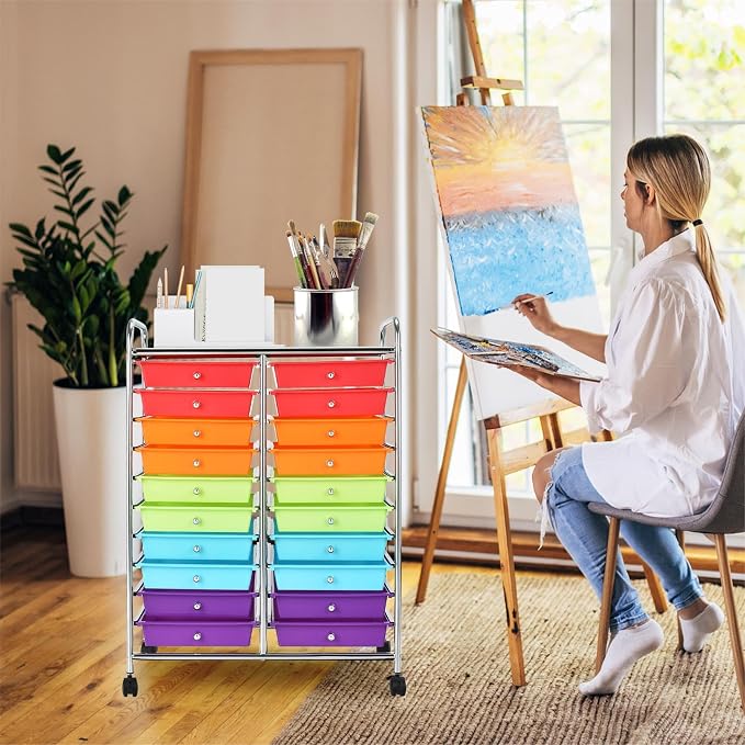 DREAMADE Rolling Cart with Storage Drawers, Utility Cart with Removable Plastic Drawers, Lockable Wheels, Art Cart for Classroom Organization Art Supplies Office Scrapbook (20 Drawers, Multi-color)
