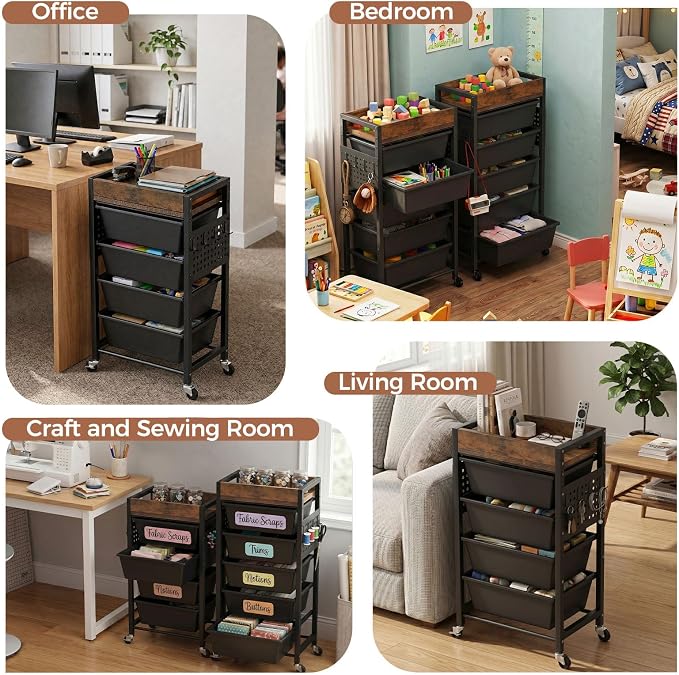 5 Tier Rolling Cart with Drawers, Plastic Drawer Storage Craft Cart with Pegboards & Hooks, Metal Utility Cart with Wheels & Wooden Tabletop, Classroom Office Art Supply Organizers and Storage, Black